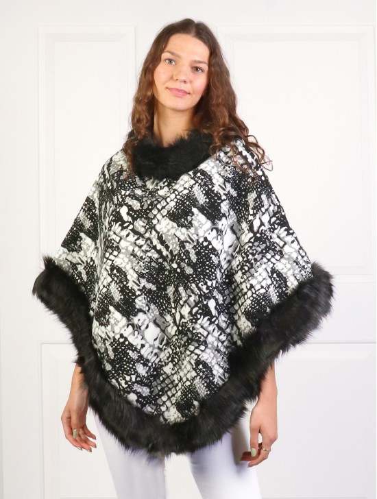 Snake Print Poncho W/ Fur Collar & Edge